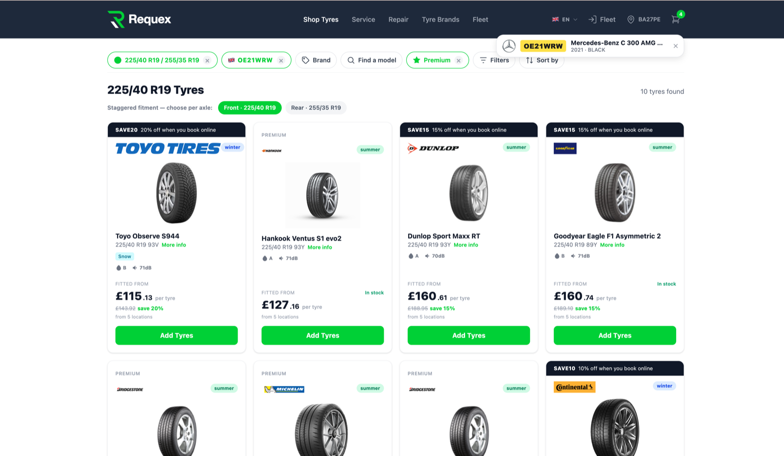 Your tyres listed on the Requex marketplace, a driver searching by registration