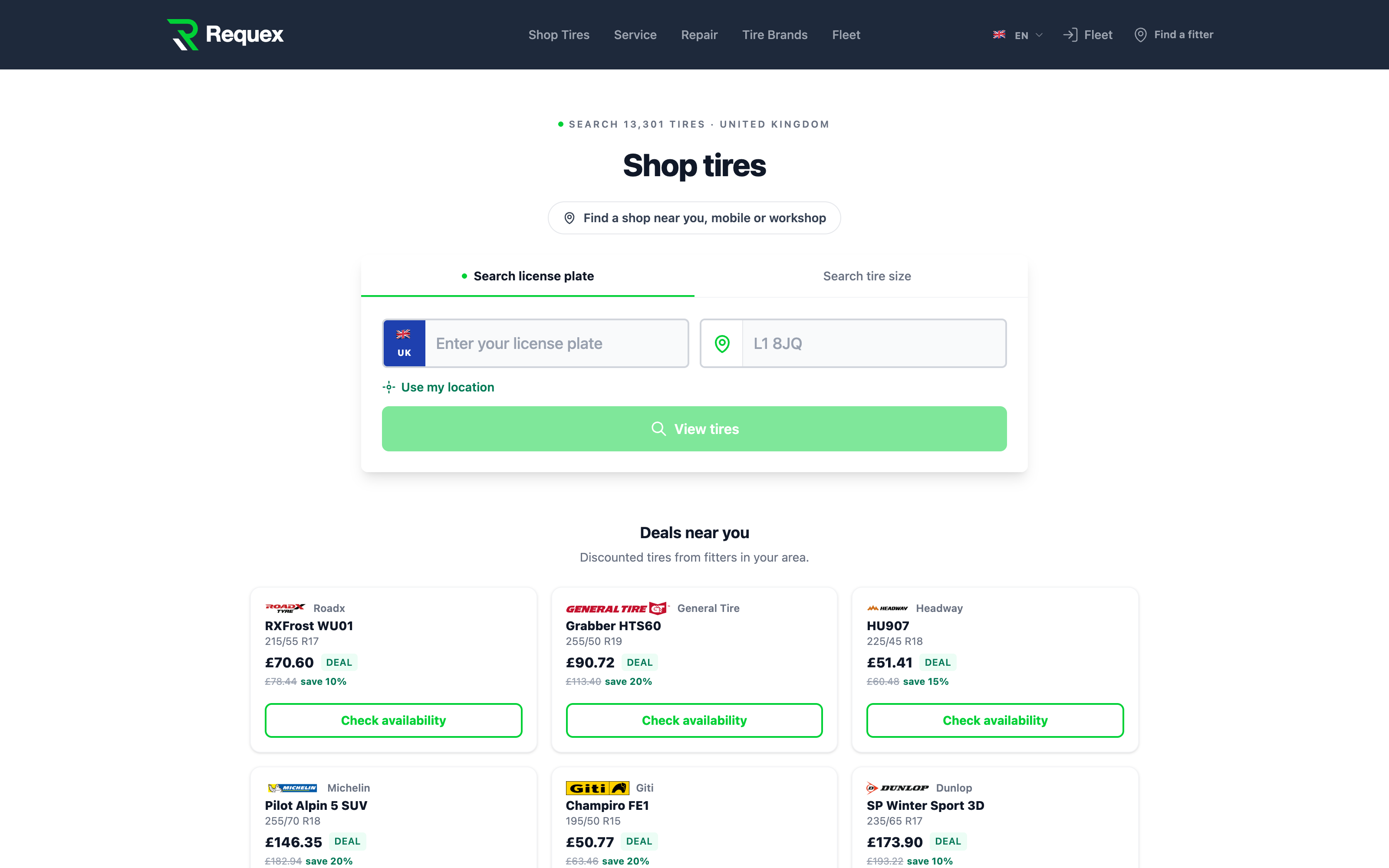 The Requex marketplace storefront where customers shop tyres and book fitting
