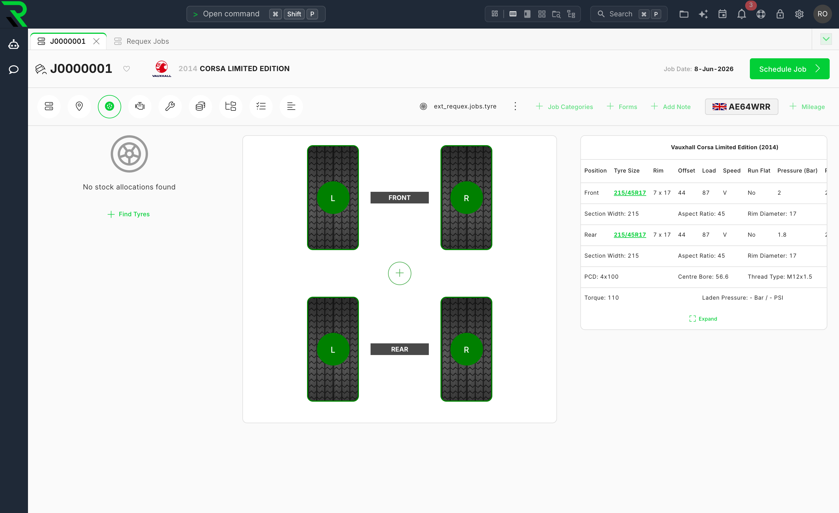 Your Requex workshop software, the tyre axle selector on a job