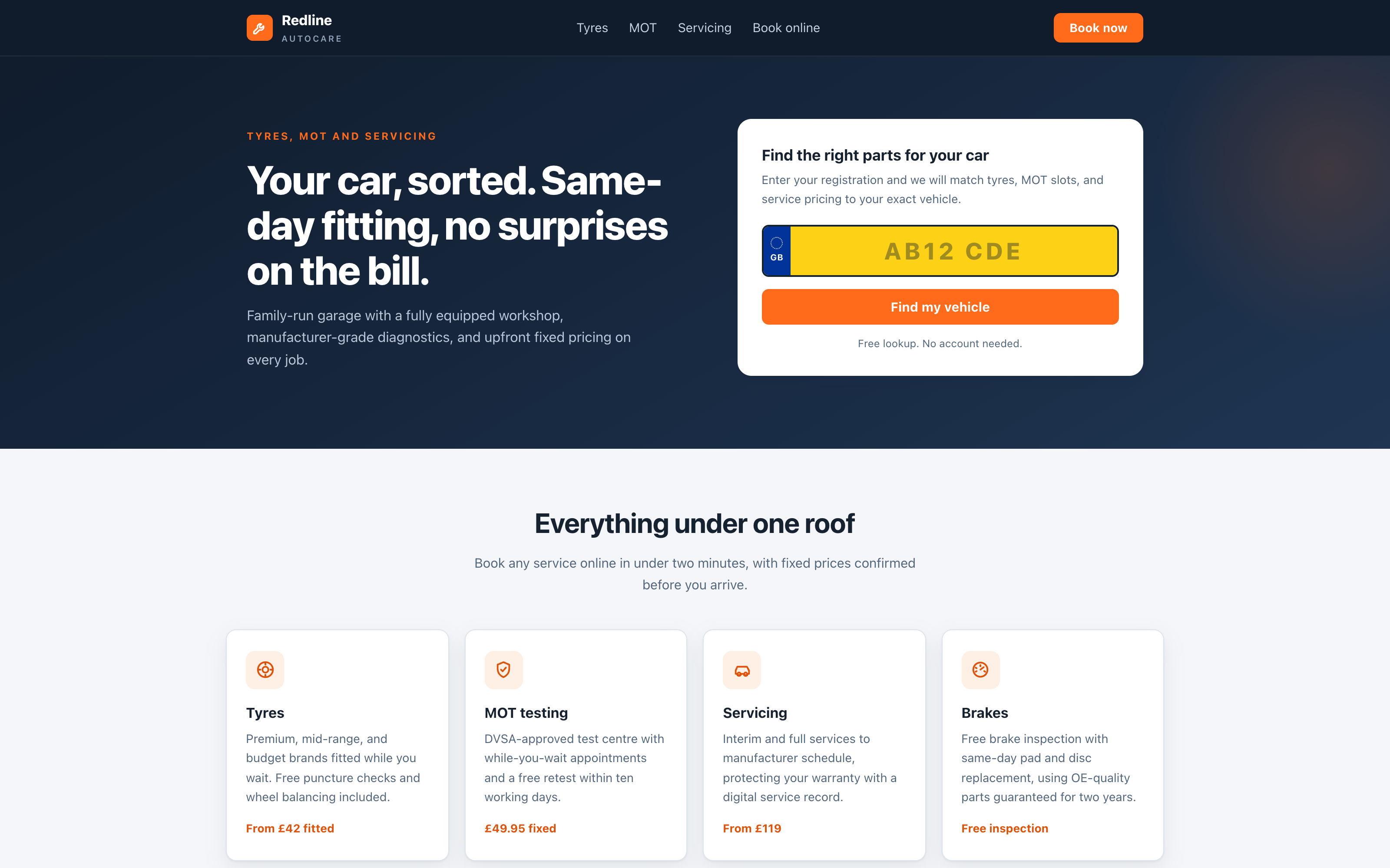 The demo booking storefront in a browser: number-plate lookup hero with services and fixed prices